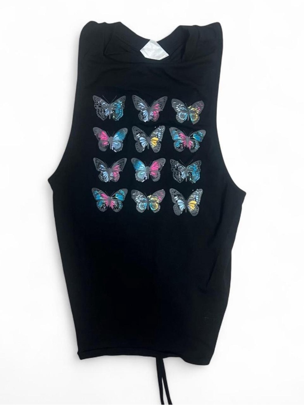 No Boundaries Black Muscle Tee with Multicolor Butterfly Grid